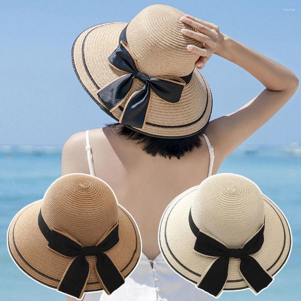 Chapéus largos Brim Ribbon Bowknot Women Straw Hat Top Top Sun feminino elegante Tour da praia de viagens ao ar livre macia e elegante