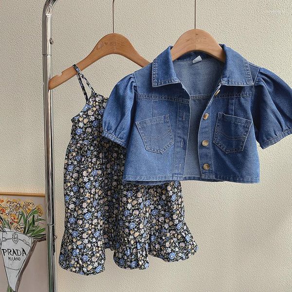 Kleidung Sets 2023 Baby Mädchen Sommer Set Denim Jacken Blumen Kleid Kinder Kinder Mode Lässig Geburtstag 2 stücke Anzüge Kleidung