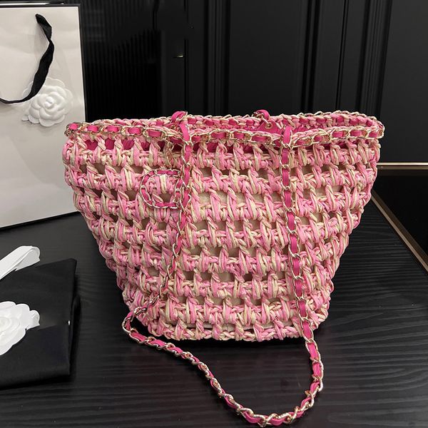 Damen Designer Raffia gewebt Stroh Umhängetaschen Strand einkaufen mit glücklichen Charme Urlaub rosa Beige große Kapazität Handtaschen Outdoor Modetrends Tasche 27x23 cm