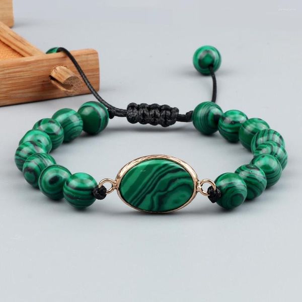 Fascino del filo Bracciale pendente ovale in malachite 6MM 8MM Perline Corda in pelle Bracciali intrecciati Coppia Braccialetti Catena Gioielli Regalo per amico