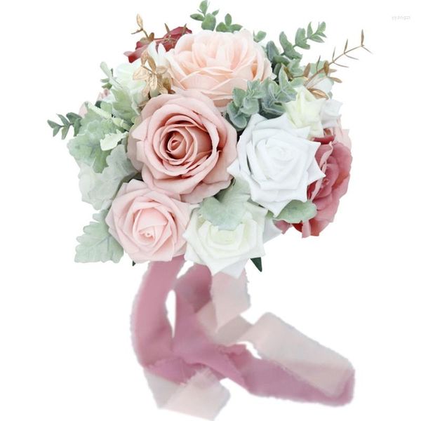 Fiori decorativi Bouquet di fiori di rose artificiali con foglie verdi Finta seta floreale per San Valentino Matrimonio Sposa Puntelli Pografia