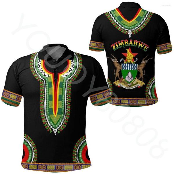 Herren-Poloshirts Africa Zone Clothing – Simbabwe Dashiki Poloshirts Sommeroberteile für Herren und Damen im lässigen Street-Style