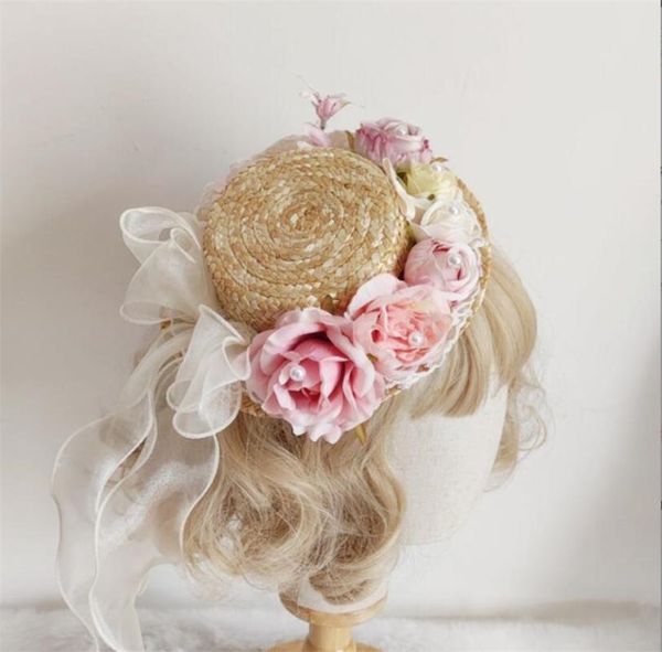 Articoli per feste Altro Evento Cappello di paglia fatto a mano Lolita Sweet Flat Top Fiocco in pizzo Floreale rosa Cosplay Fermagli per capelli B2144Altro