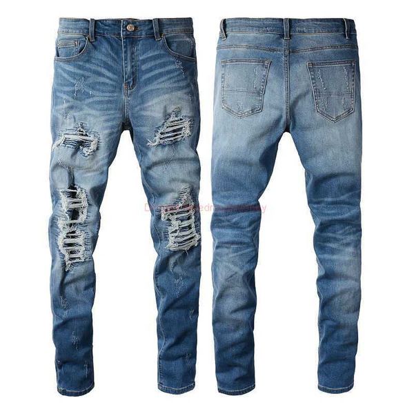 Abbigliamento firmato Amires Jeans Denim Pantaloni Amies High Street Style Light Blue Wash Water Knife Cut Large Damage Patch Slimming Elastic Jeans Mens Fashion Brand Distr