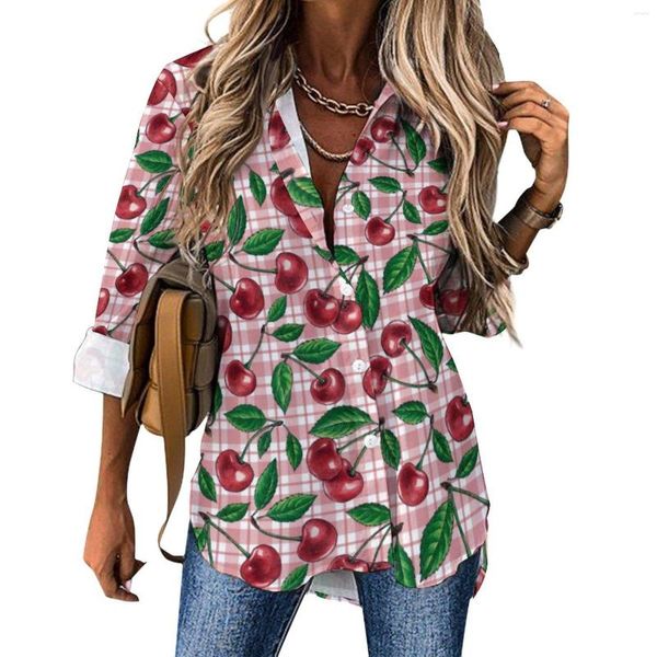 Camicette da donna Camicetta con stampa ciliegia rossa Scozzese rosa Camicia streetwear da donna casual stampata carina Abbigliamento oversize a maniche lunghe autunnale