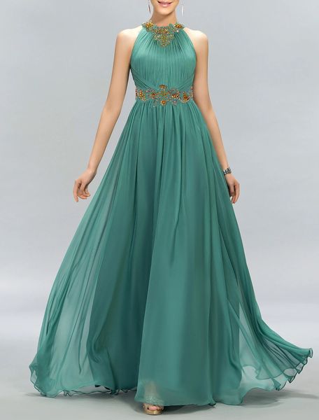 Elegantes Jade-formales Abendkleid 2023 Halter Goldperlen ärmellose bodenlange Chiffon-Abschlussball-Partei-Kleider Robe De Soiree Vestidos De Feast