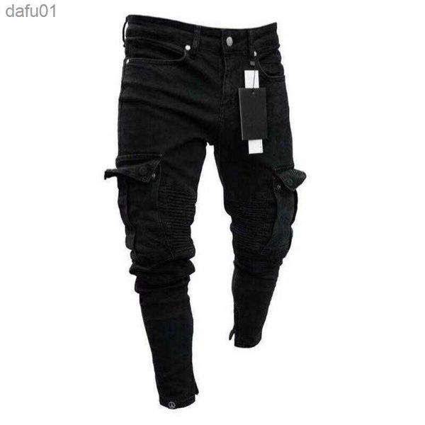 Jeans da uomo jeans skinny firmati da uomo Black Man Denim Jean Biker Destroyed sfilacciato Slim Fit Pocket Cargo Pencil Pants Plus Size S-3XL Fashion L230520