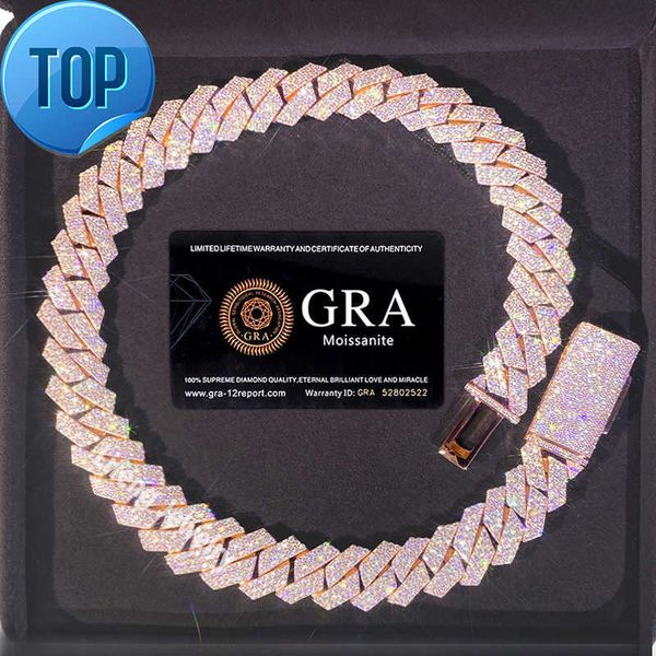 Alta qualidade 18 mm 3 linhas VVS Jóias de joias de moissanita colar de quadra cubana de ouro rosa para homens ou mulheres xgmi