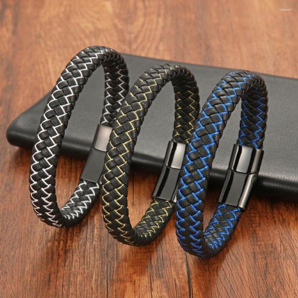 Bracelets de charme punk bracelete de couro genuíno preto azul para homens para homens casal jóias de jóias de aço inoxidável