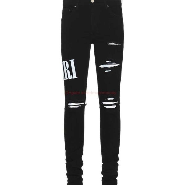 Roupas de grife Amires Jeans Calça jeans Amies Loja Tendência Jeans de marca Masculino Desgastado Rasgado Motociclista Motociclista Rock Hip hop Calça Moda Calça reta 89