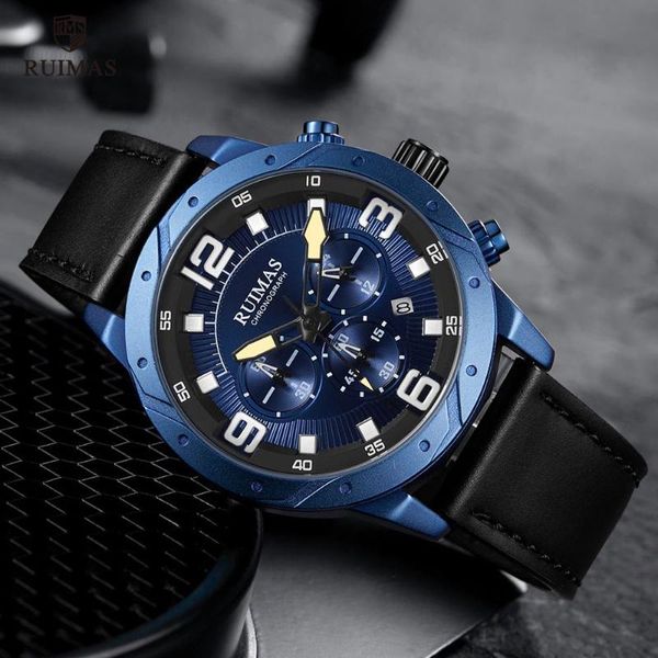 Relógios de pulso ruimos cronógrafo masculino relógios de couro de luxo strap análogo watchwatch top top marca impermeabilizada watch masculino relógio relógio 595