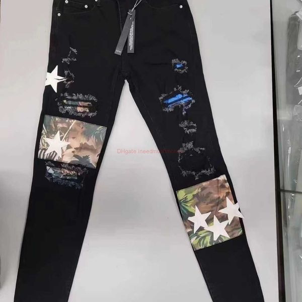 Дизайнерская одежда Amires Jeans Джинсовые брюки Amies Slim Fit Перфорированные джинсы с нашивками Модные мужские High Street Черные потертые старые эластичные маленькие длинные брюки Проблемные Ri