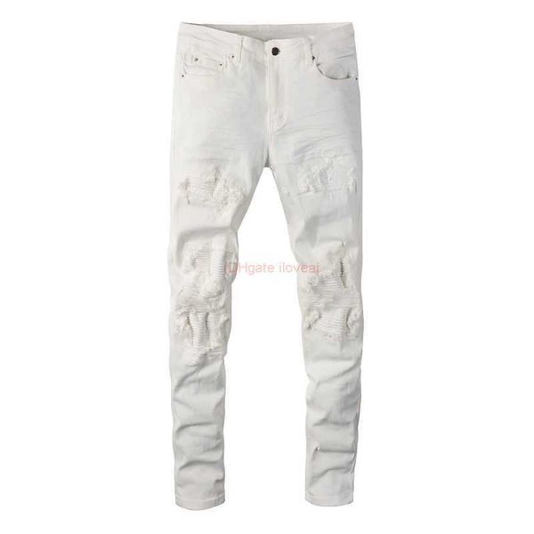 Jeans da uomo Abbigliamento firmato Amires Pantaloni in denim Amies High Street White Patch foro danneggiato Mens Ins Youth Elastic Slim Fit Distressed Ripped Skinny Motocycle