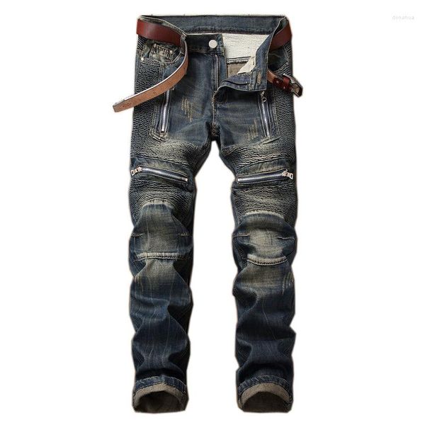 Мужские джинсы 2023 Модные мужские хип -хоп патч мужчина ретро коленное рэп -байкер мужчина, разрушенные разорванные разорванные джинсовые штаны Homme 42