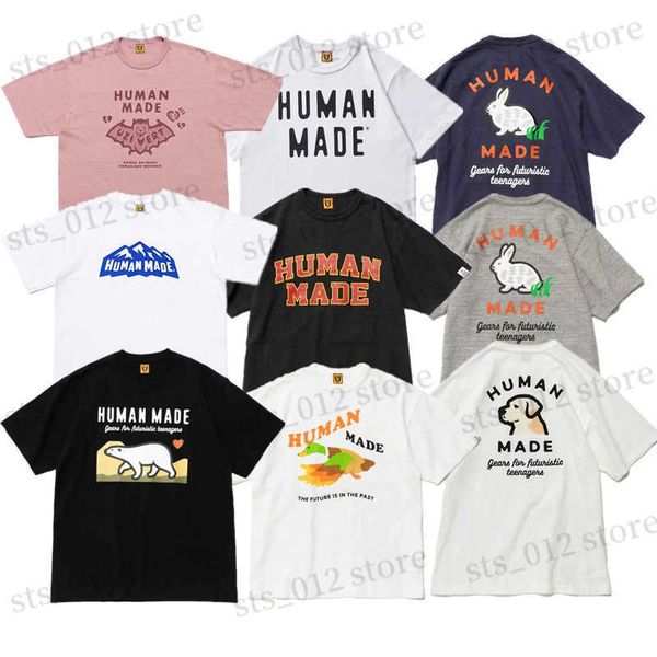 Herren T-Shirts Human Made English Letter Cartoon Print Kurzarm Slub Cotton Loose Tees T230524