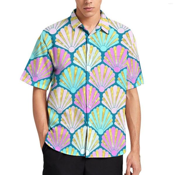 Männer Casual Hemden Muscheln Strand Hemd Männlich Rosa Und Blaugrün Hawaii Kurzarm Muster Streetwear Oversize Blusen Geschenk