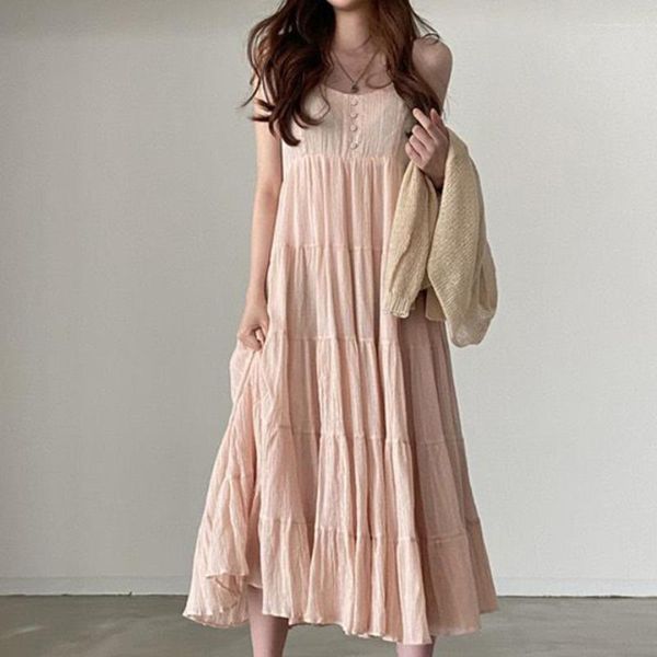 Casual Kleider Lose Rosa Leibchen Kleid Vestido Y2k Lange Rüschen Sommer Für Frauen 2023 Plissee Geburtstag Kuchen Sexy Strand