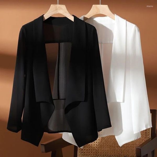 Kadın Ceketleri Siyah Beyaz Katı Blazer Ceket Kadınlar Yaz İnce Şifon Güneş Koruyucu Hırka Kısa Şal Moda Gevşek Dış Giyim Üstü