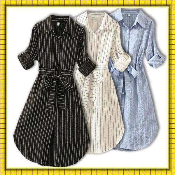 Lässige Kleider 2023 Gestreiftes Frauenkleid Tunika Langarm Elegantes Hemd Blau Weiß Schwarz Frühling Sommer Damen Streifen Mini