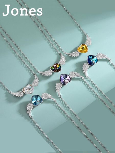 Ожерелья из стерлингового серебра 925 пробы, ожерелье с крыльями ангела, женская мода, простая австрийская цепочка с кристаллами в форме сердца, оптовая продажа, 1 заказ