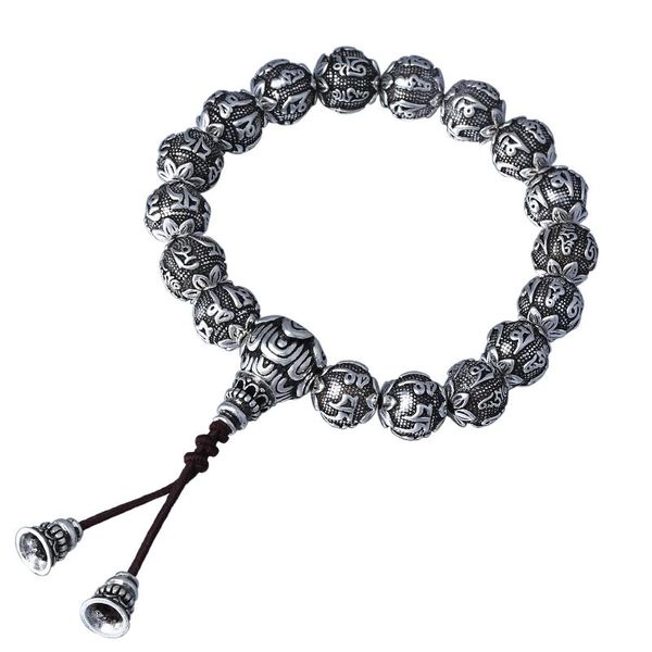 Armbänder Trendiger Schmuck aus 925er Sterlingsilber im chinesischen Stil Om Mani Padme Hum runde Perlenarmbänder für Damen und Herren, buddhistische Ornamente