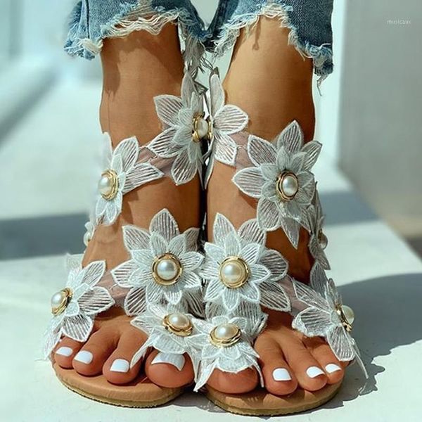 Sandálias Flor para Mulheres Frisadas Planas Com Sapatos 2023 Calçados de Verão Estilo Boêmio Praia Plus Size1