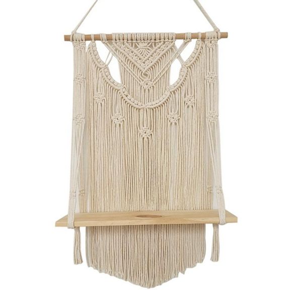 Arazzi Nappa fatta a mano Macrame Appeso a parete Scaffale Boho Corda di cotone Arazzo tessuto Appendiabiti per piante Decorazione galleggiante in legnoArazzi