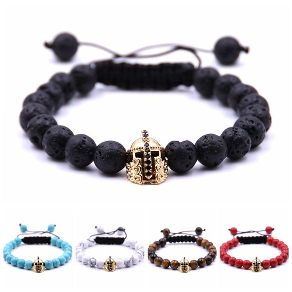 Pulseira 10 PÇS/LOTE Ouro Cavaleiro Romano Espartano Guerreiro Gladiador Capacete Pulseira Pedra Bead Pulseiras Pulseira Para Homens Jóias