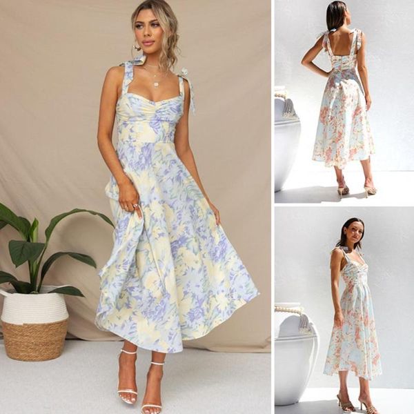 Casual Dresses Party Sommerkleid Low-Cut Blumendruck V-Ausschnitt rückenfrei ärmellos Frauen lockerer Saum Lave Up A-Linie Lady Ball weiblich