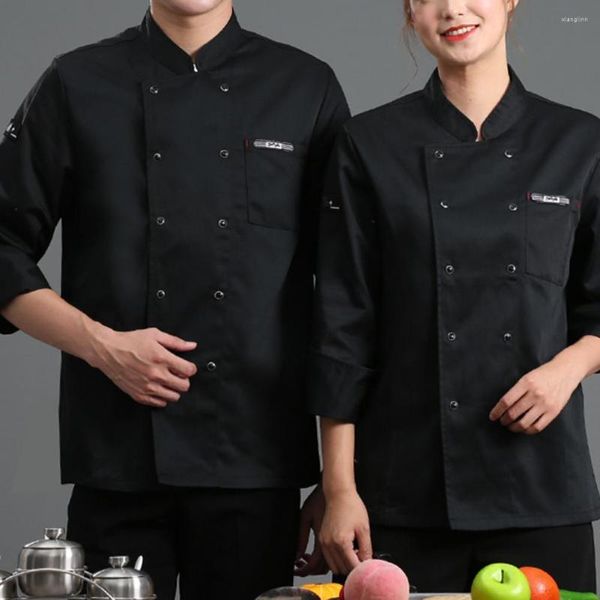 Camisas casuais masculinas Chef Top Color Solid Pocket Sleeve longa Botões de catering de trespassado dupla de duas