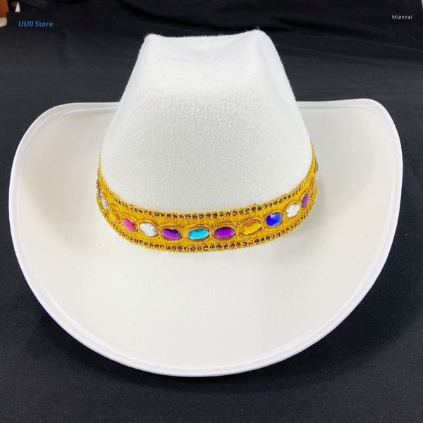Berretti Cappello da cowgirl casual con gemme colorate Donna Uomo Cappelli da cowboy da donna in feltro Party The West Style Top Bonnet