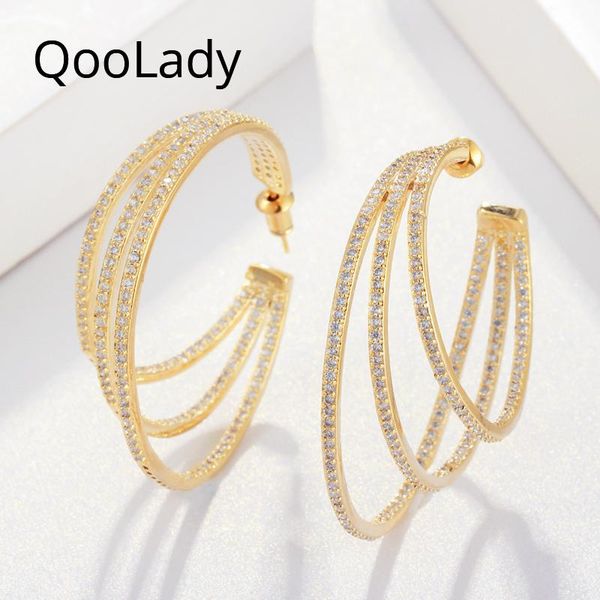 Huggie QooLady, 3 ряда, модные роскошные серьги с микро-паве из циркония, золотые шикарные круглые женские серьги-кольца с большой петлей для женщин, ювелирные изделия E126