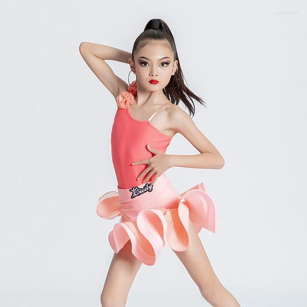 Stage Wear 2023 Rosa Pink Latin Dance Roupas para meninas Competição Roupa Rumba Chacha Practice Dance Awear Skyt Skirt DL10472
