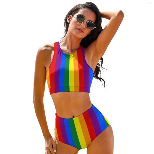 Biquíni arco-íris LGBT maiô sexy com estampa de bandeira do orgulho gay conjunto de biquínis de cintura alta para mulheres elegantes com estampa de maiô biquínis