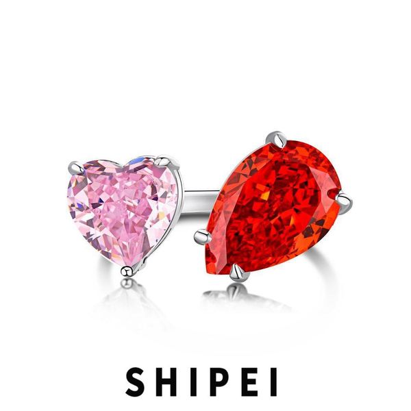 Anelli SHIPEI Argento sterling 925 Cuore/Taglio a pera Zaffiro rosa Rubino Pietra preziosa Anello aperto regolabile per le donne Regalo Gioielleria raffinata Wholeslae