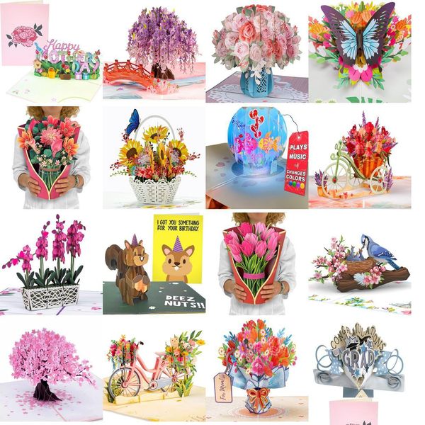 Приветствующие открытки Pink Roses 3D Pop Up Card для всех Valentines Day Day Mothers Спасибо, что хорошо вы хорошо
