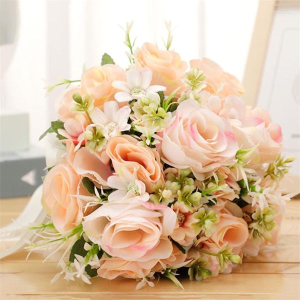 Fiori decorativi Seta artificiale Bowknot Sposa con simulazione Bouquet da sposa rosa Elegante pacchetto bianco Forniture nuziali