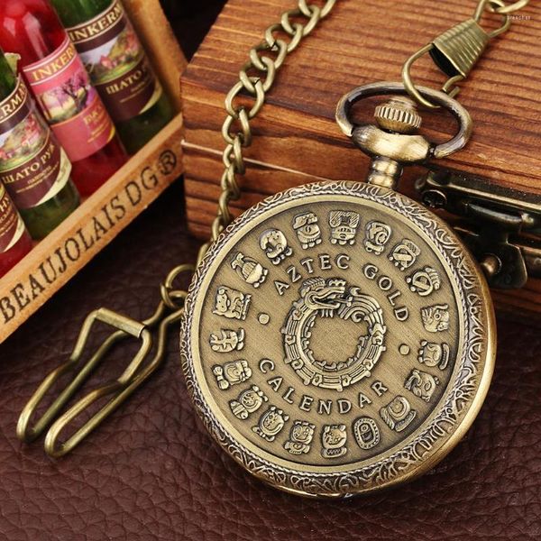 Pocket Watches Aztec Gold Dragon Calendário Misture Mayan Comemoration Coin decore Bronze Quartz Relógio pingente elegante antigo