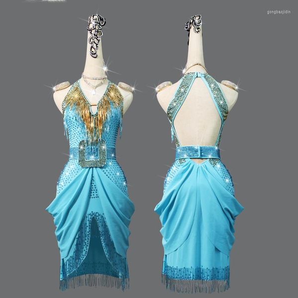 Stage Wear Rumba Jive Chacha Latin Dance Dress Ballroom Fringe Luxury Diamonds Sky Blue