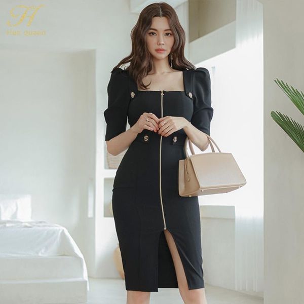 Kleider H Han Queen Neue Koreanische Herbst Zipper Vestidos Einfache Chic Arbeit Tragen Kleid Frauen Büro Bodycon Mantel Casual Bleistift Kleider