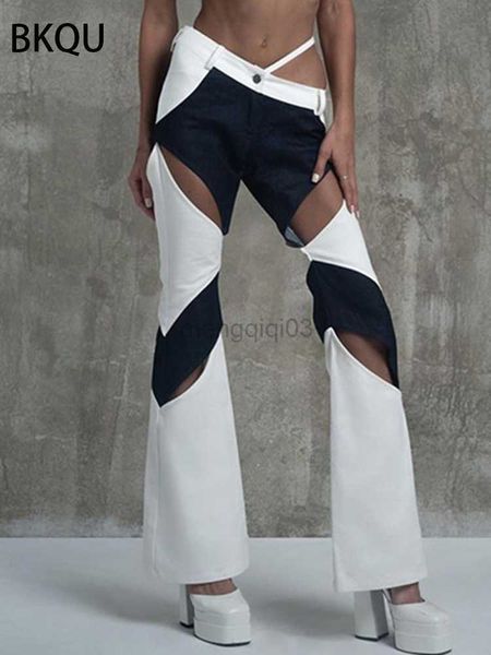 Jeans da donna BKQU Y2k Pantaloni svasati a vita bassa con scollatura a vita bassa Pantaloni a contrasto di colore bianco nero sexy Pantaloni dritti tagliati estivi Rave Club Wear Y23