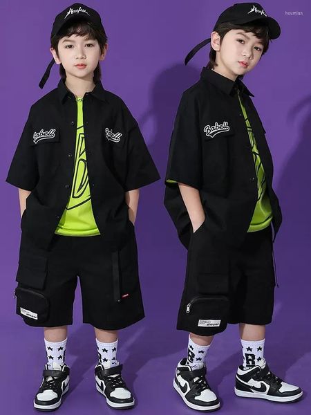 Bühnenkleidung Mode Jungen Hip Hop Kleidung Kurze Ärmel Schwarz Mantel Shorts Sommer Mädchen Jazz Dance Kostüm Lose Beiläufige Jogger BL10634