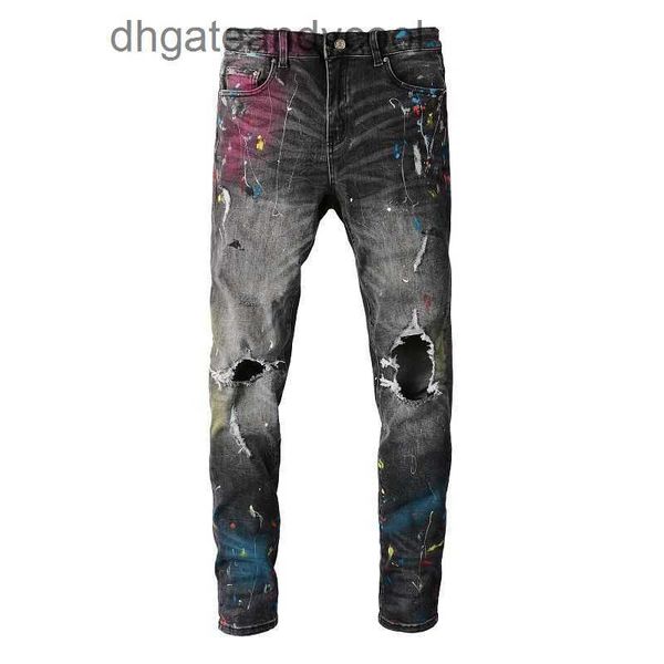 Джинсовые джинсы Джинсы дизайнерские штаны мужчина в стиле Splash-Iink с двойным коленом разбитая дыра для мыть