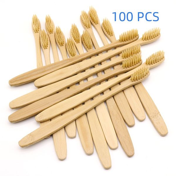 Spazzolino da denti all'ingrosso 100 PCS Spazzolino da denti di bambù naturale per adulti Setole morbide Sbiancamento dei denti Spazzolini da denti in legno Igiene orale dentale per i viaggi 230524