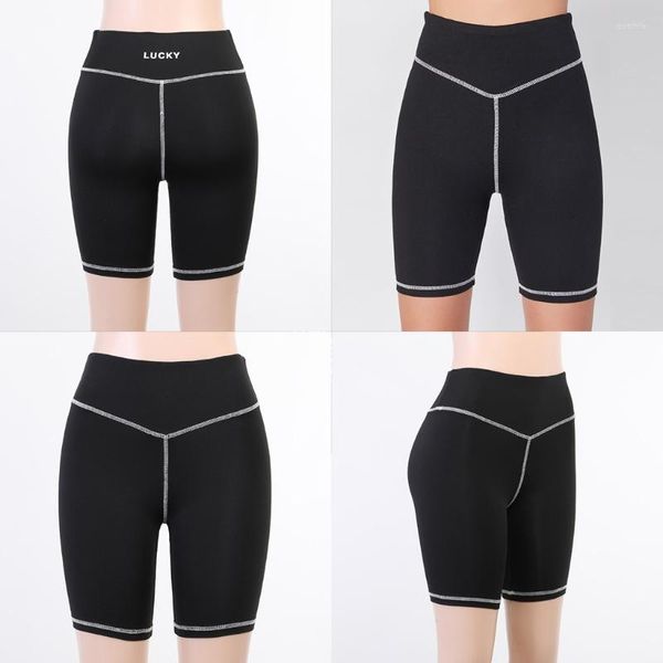 Serbatoi da donna Pantaloncini da motociclista a vita alta con controllo della pancia da donna Linea aperta Lettere Stampa Allenamento Corsa Pantaloni da yoga Collant a compressione 10CF