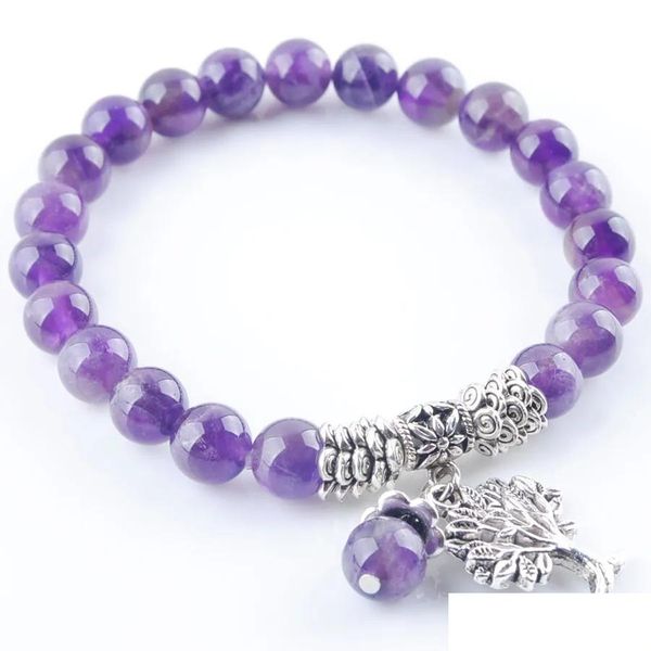 Braccialetto di perline di perline di ametiste naturali di perline Cristallo viola Albero della vita Charms Gioielli regalo per le donne Ragazze K3213 Reggiseno di consegna a goccia Dhim8