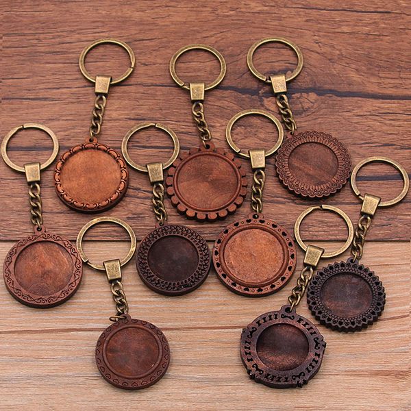 2 Stück runde Holz-Cabochon-Fassungen Metall-Schlüsselanhänger-Zubehör DIY leere Holzsockelschalen für Bronze-Schlüsselanhänger