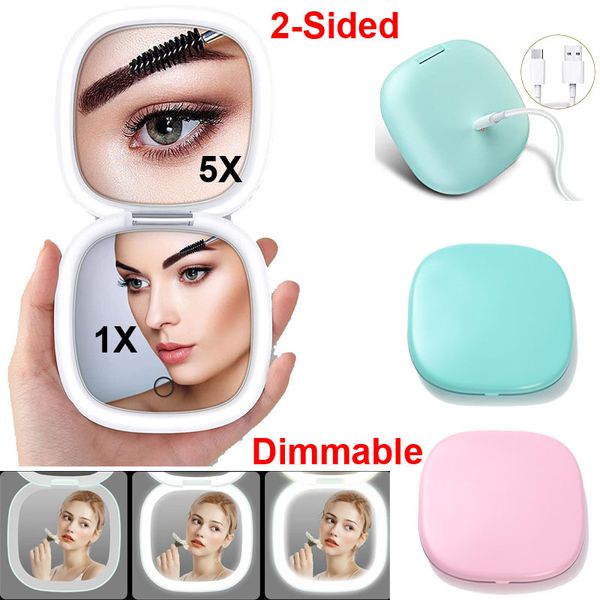 Specchio compatto Specchio per trucco a LED Specchio cosmetico ingranditore ricaricabile USB 2 lati 1X / 5X con luce 3 colori Luminosità Borsa tascabile portatile dimmerabile