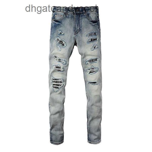 Denim amirres Jeans Designer Pantaloni Uomo colore chiaro anacardi fiore grande buco vecchi jeans lavati Pantaloni slim elastici da uomo high street 14M9