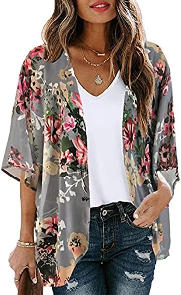 Damen-Kimono-Cardigan mit Blumendruck, Puffärmeln, lockeres Cover-Up, lässige Mode, Blusen-Tops, Übergröße